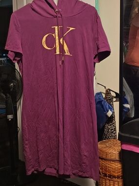 Calvin Klein Purple Hooded T-Shirt Dress with Gold Logo